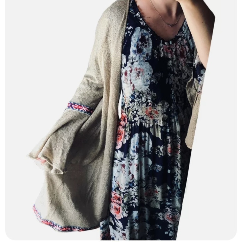 ABI FERRIN BOHO CARDIGAN Women Beige Brown Size Medium Large Gypsy Hippie USA